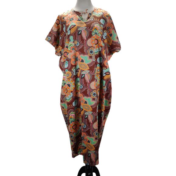 Vintage 70s Volup Dayglow Caftan Kaftan Size 1X/2X  Floral Acrylic Barkcloth - Picture 3 of 11